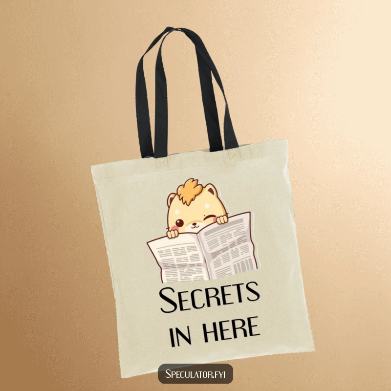 Funny creature peeking curiously from behind a newspaper with a knowing smirk, perfect for a tote bag.