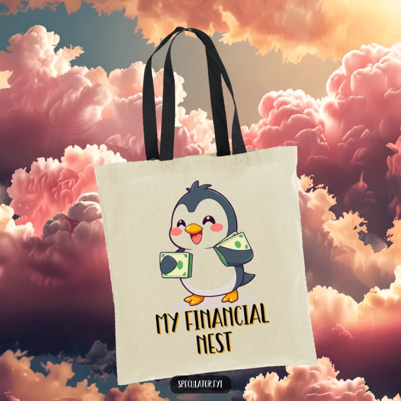 Funny smiling penguin tote bag, waddling with a stack of bills, a humorous and practical accessory.