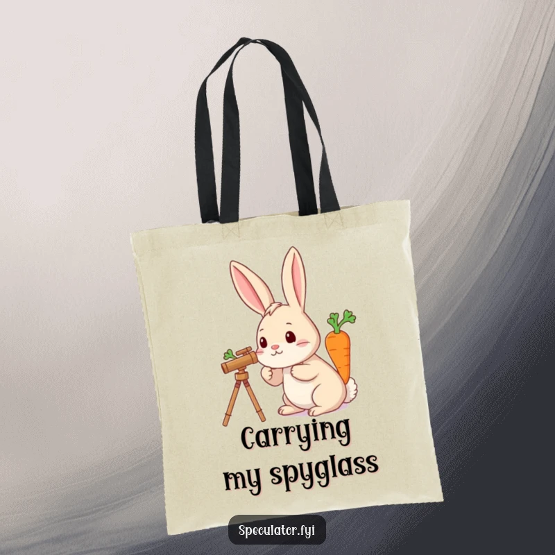 Funny tote bag showing a rabbit using a telescope to spot a carrot in the distance, a whimsical and useful item.