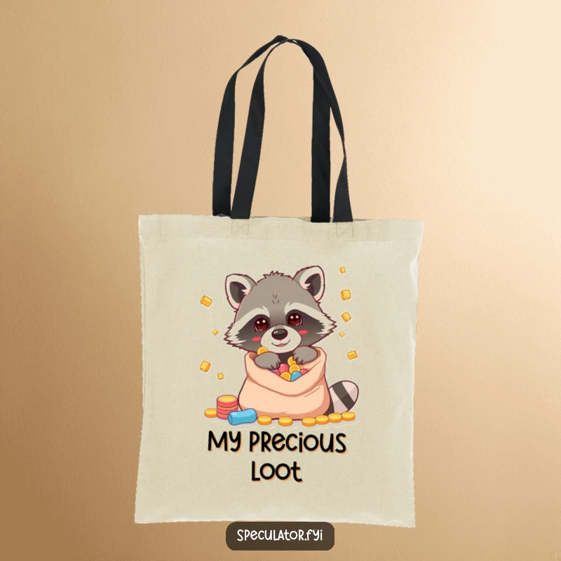 Funny raccoon tote bag with a clever character peeking into a bag of riches, ideal for stylish errands.