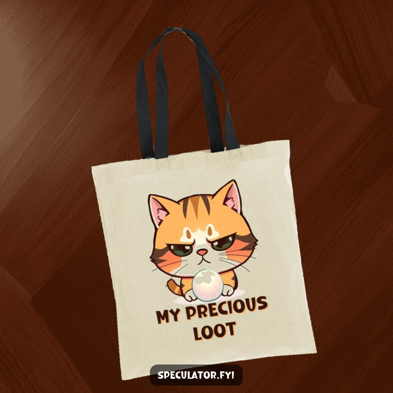 Funny skeptical cat tote bag examining shimmering object with narrowed eyes, a suspicious pet character ready for anything.