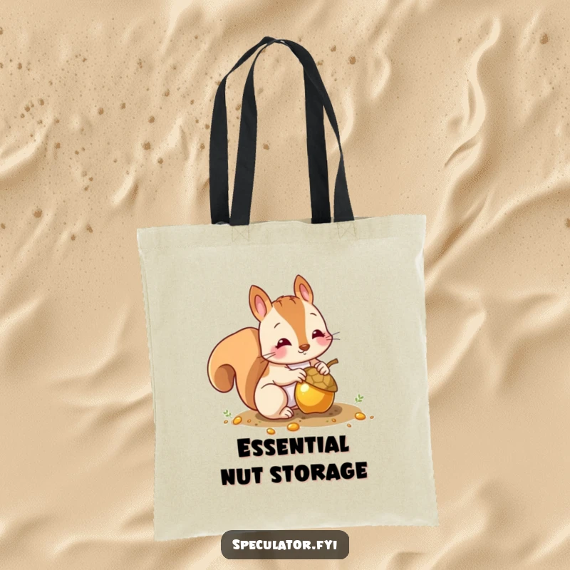 Funny squirrel tote bag depicting a character burying a shiny gold acorn, ideal for shopping with humor.