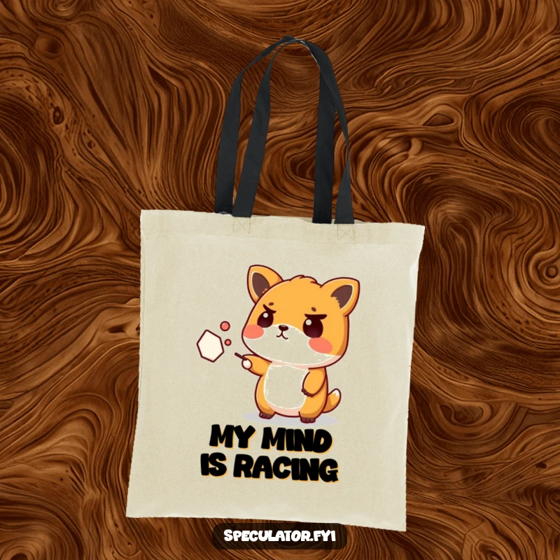 Funny Kawaii Animal Tote Bag: A confused Kawaii animal with a furrowed brow points decisively at a distant abstract form, showcasing humor.