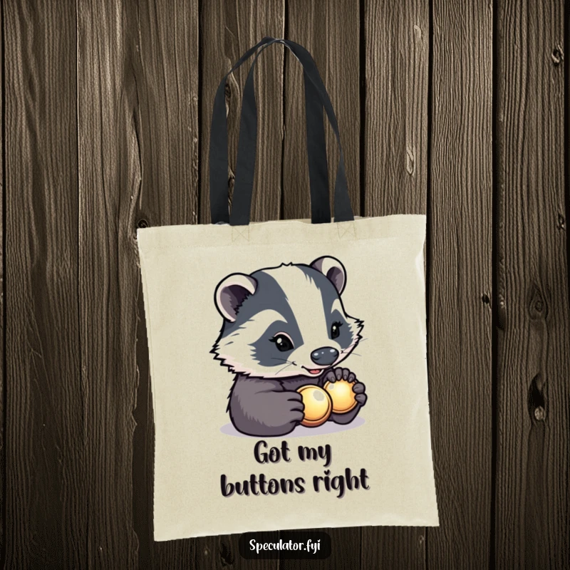 Funny determined badger with a bright smile carefully inspecting a shiny button on a tote bag, humorous and practical.