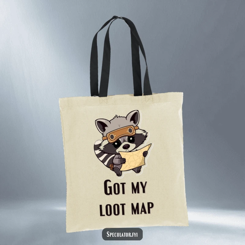 Funny tote bag featuring a determined raccoon with a mask, examining a treasure map, perfect for carrying valuables with a humorous twist. A great funny gift.
