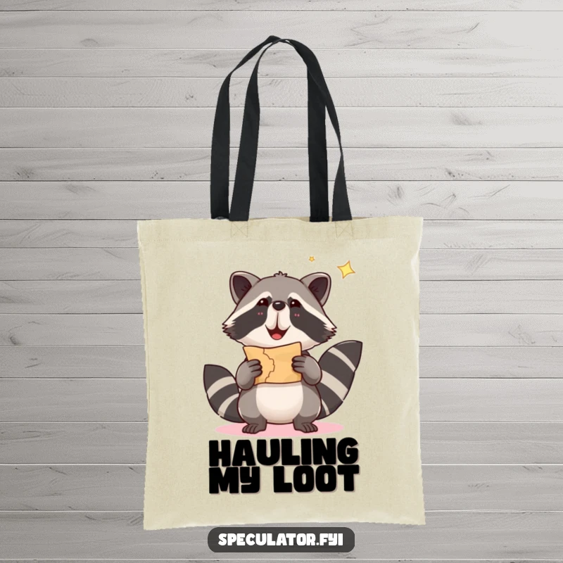 Funny raccoon tote bag with a determined raccoon holding a treasure map, ideal for stylish, humorous errands.