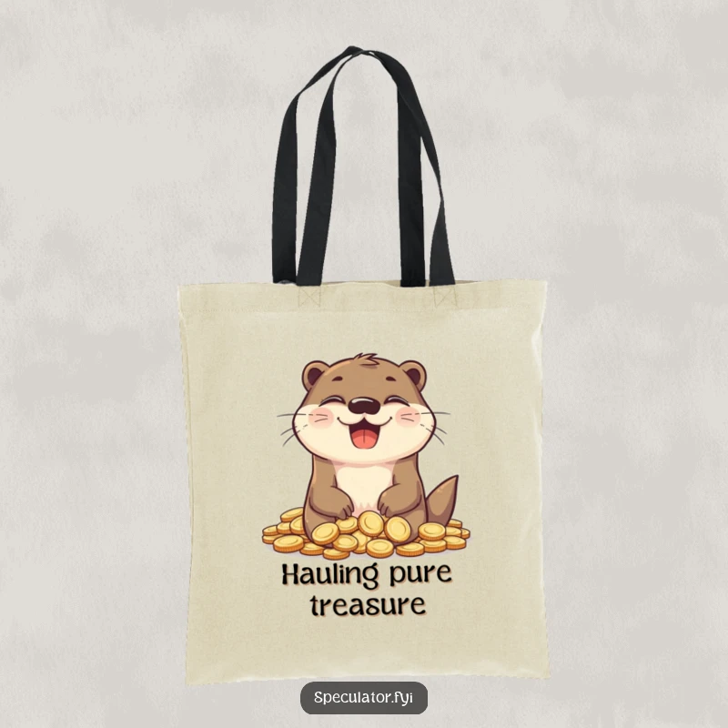 Funny otter tote bag, grinning with joy, holding a pile of coins, practical and humorous.