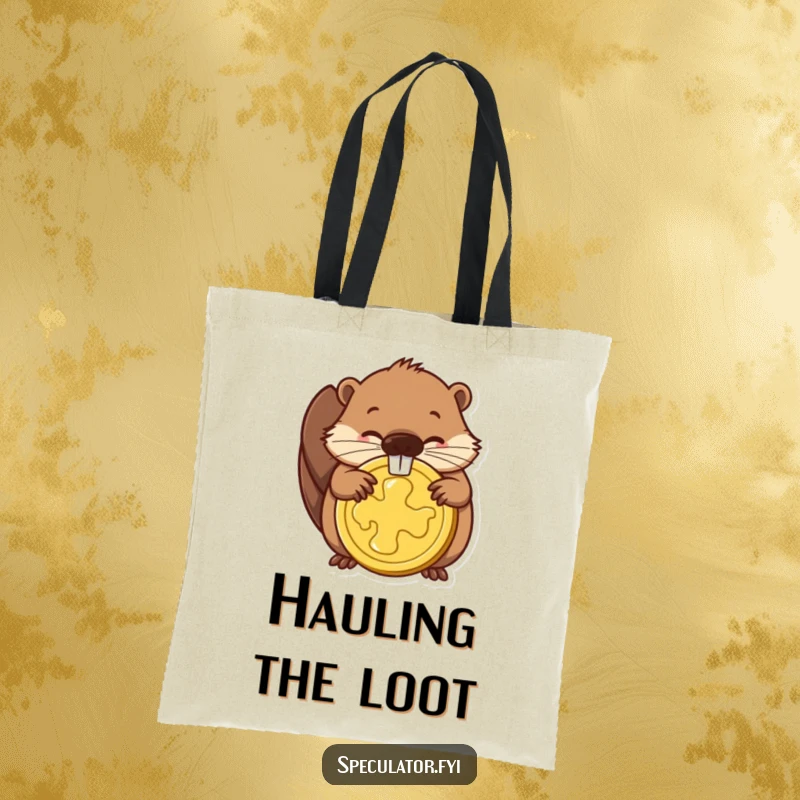 Funny tote bag depicting a determined beaver gnawing a gold coin, a humorous way to carry daily necessities.