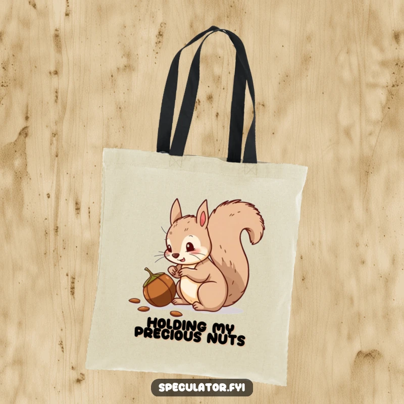 Funny squirrel tote bag, bushy tail wagging, suspiciously eyeing a nut, great for humorous shopping.