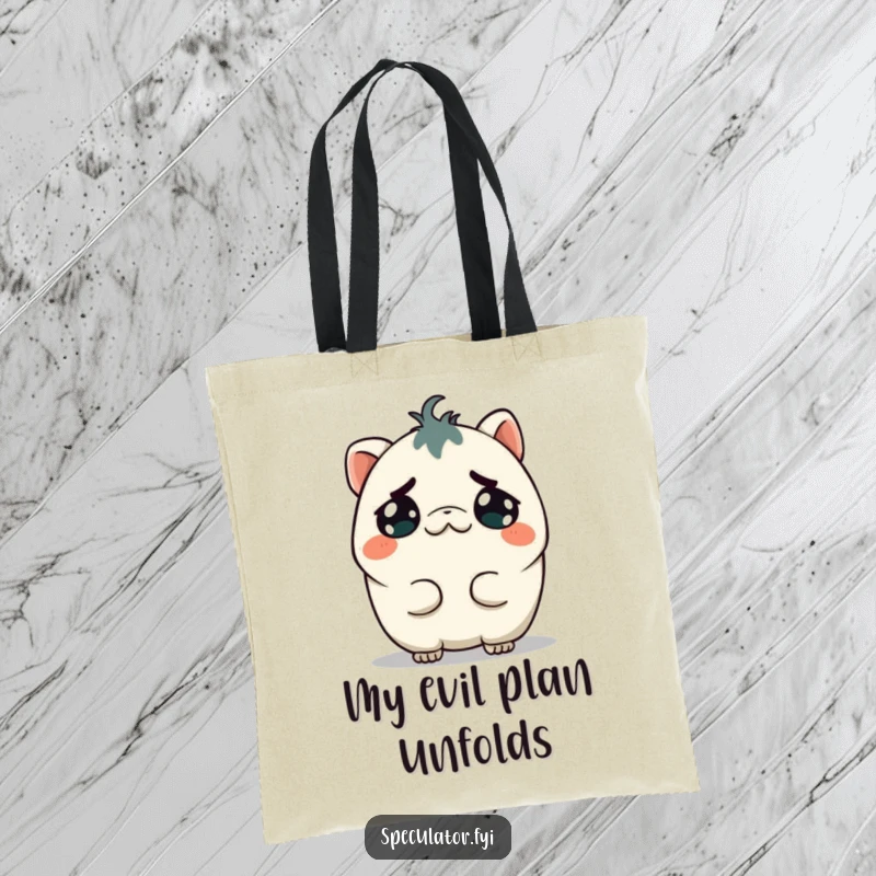 Funny Kawaii Creature Tote Bag: A mischievous Kawaii creature grins cunningly while tilting its head, a humorous accessory.