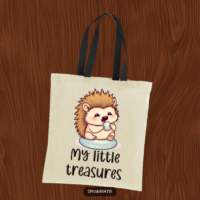 Funny hedgehog tote bag showing a happy hedgehog polishing a shiny button, ideal for charming, practical use.