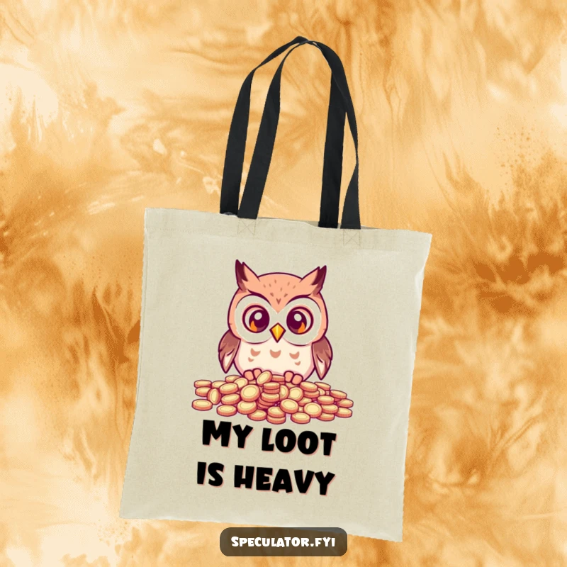 Funny kawaii owl with wide eyes staring at a pile of coins, making this tote bag a humorous and functional accessory.