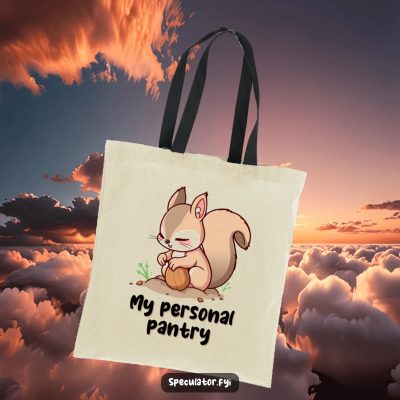 Funny Squirrel Tote Bag: a nimble squirrel buries a nut while glancing sideways, providing a humorous and practical carry-all.