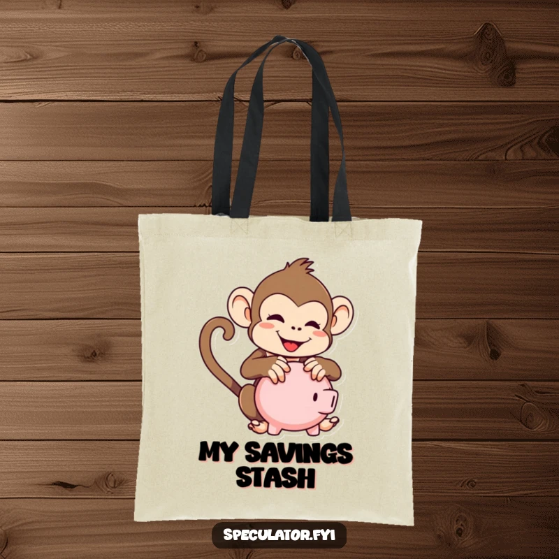 Funny kawaii monkey tote bag, playfully shaking a piggy bank, perfect for shopping and carrying everyday items.