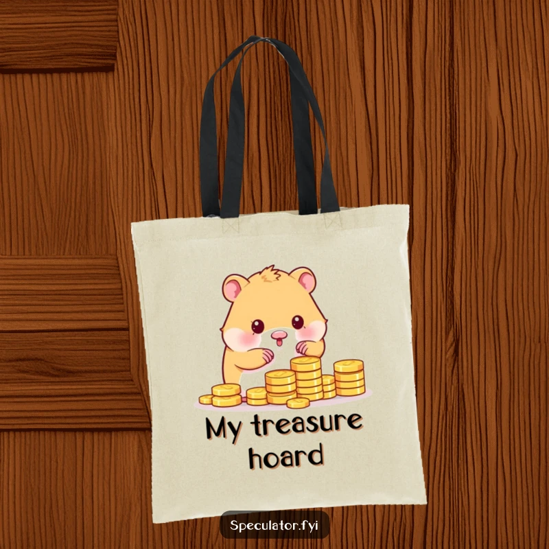 Funny kawaii hamster character joyfully counting a huge pile of glittering gold coins while holding a shopping bag.
