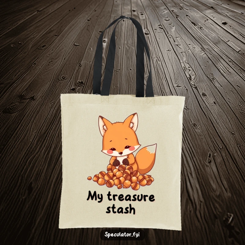 Funny Fox Tote Bag: a resourceful fox meticulously counts shiny acorns, providing a humorous and practical carry-all.