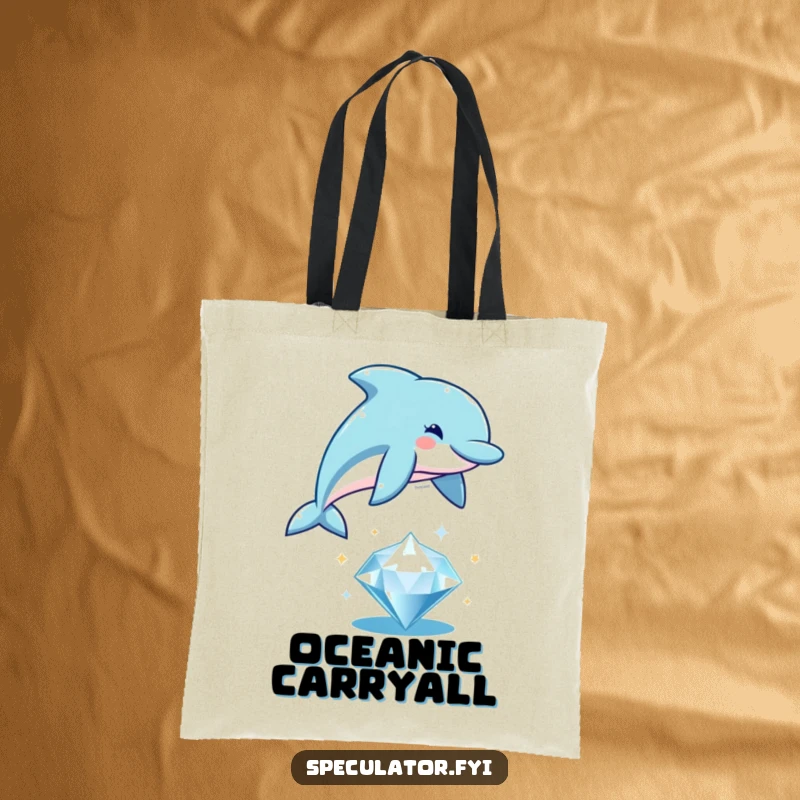 Funny playful dolphin tote bag, soaring over a sparkling diamond, a humorous and practical accessory.