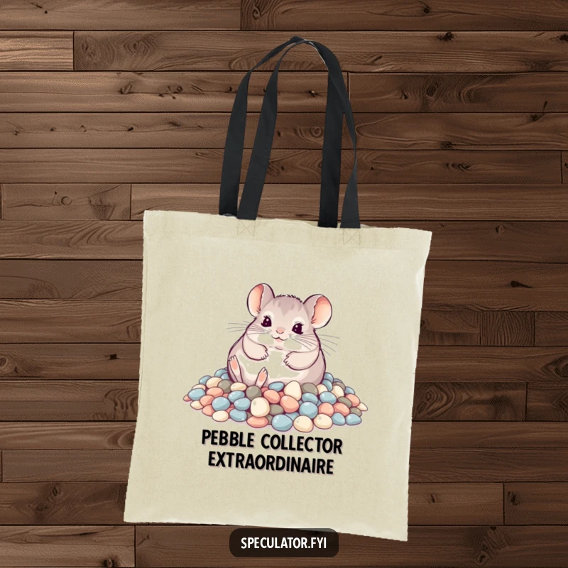 Funny playful chinchilla rolling in shimmering pebbles on a tote bag, humorous and practical accessory.