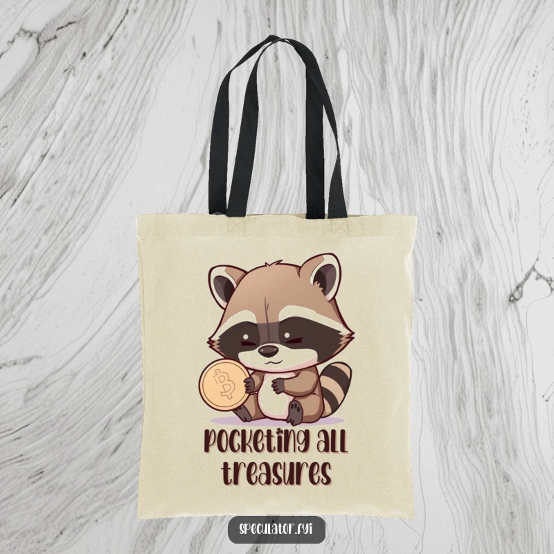 Funny Raccoon Tote Bag: a shrewd raccoon examines a coin with a sly grin, providing a humorous and practical carry-all.