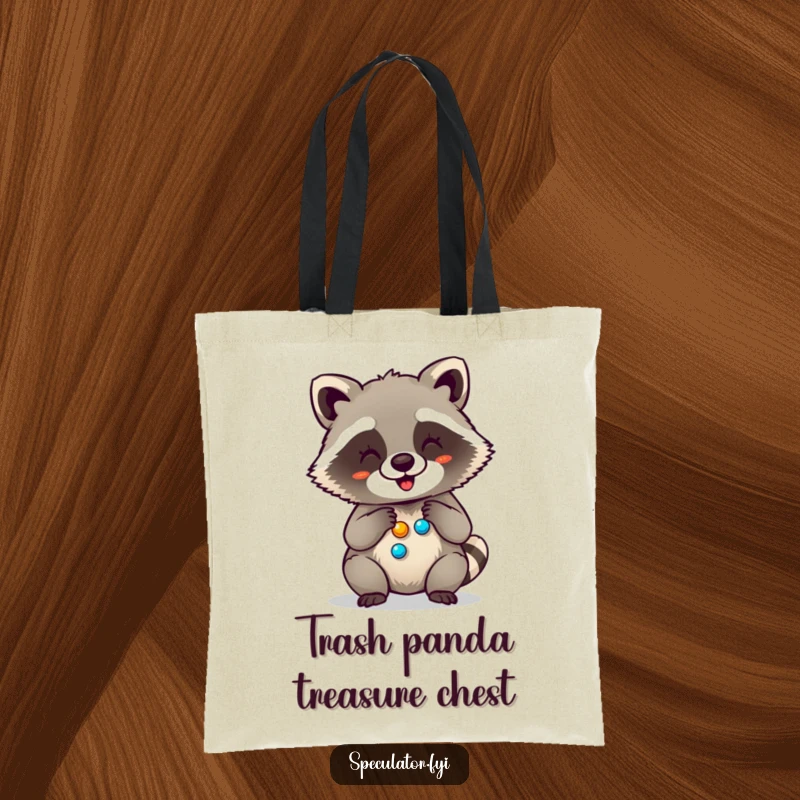 Funny tote bag featuring a giggling raccoon counting its shiny button hoard, symbolizing resourcefulness and delight in small treasures.