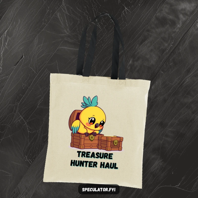 Funny curious parrot tote bag, peering into a treasure chest, a humorous and practical accessory.