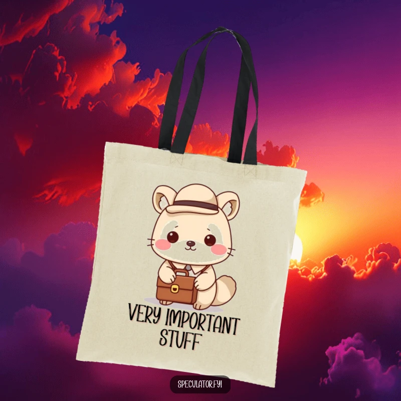 Funny Kawaii Animal Tote Bag: A dapper Kawaii animal in a bowler hat holds a briefcase, showcasing funny, professional flair.